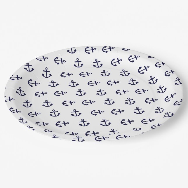Navy Blue Anchors White Background Pattern Paper Plates (Angled)
