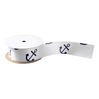 Navy Blue Anchors White Background Pattern Satin Ribbon
