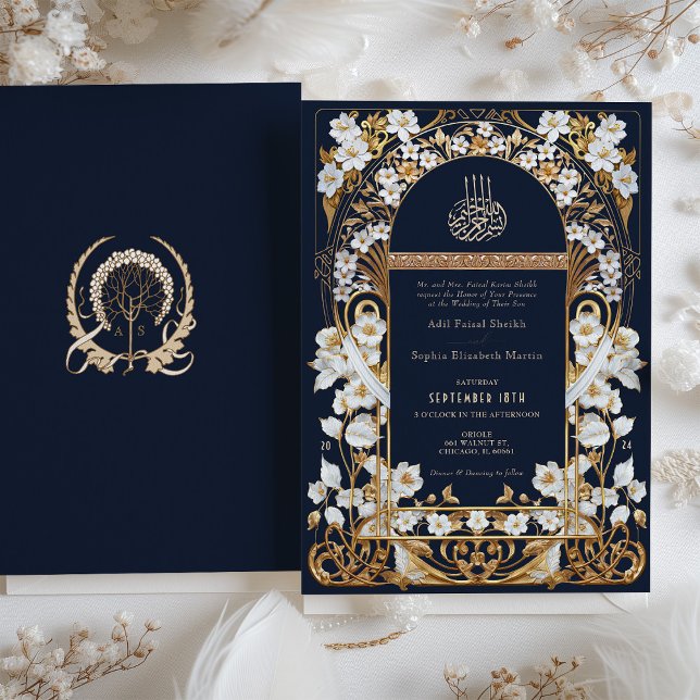 Navy Blue and Antique Gold Floral Islamic Wedding Invitation (Creator Uploaded)