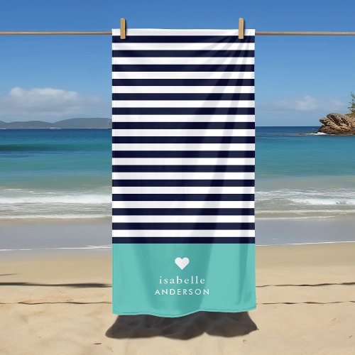 Navy Blue and Aqua Chic Stripes Heart Monogram Beach Towel
