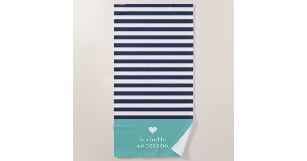 Navy Blue and Aqua Chic Stripes Heart Monogram Beach Towel Zazzle