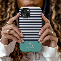 Navy Blue and Aqua Chic Stripes Heart Monogram iPhone 15 Case