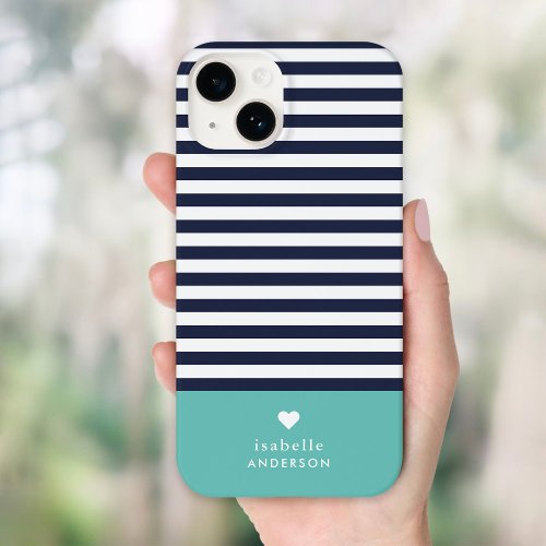 Navy Blue and Aqua Chic Stripes Heart Monogram Case_Mate iPhone 14 Case