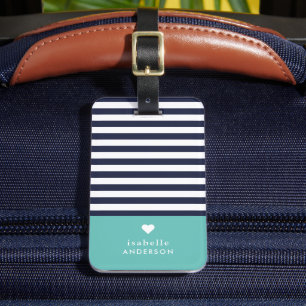 Navy Blue and Aqua Chic Stripes Heart Monogram Luggage Tag