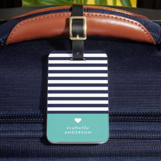 Navy Blue and Aqua Chic Stripes Heart Monogram Luggage Tag