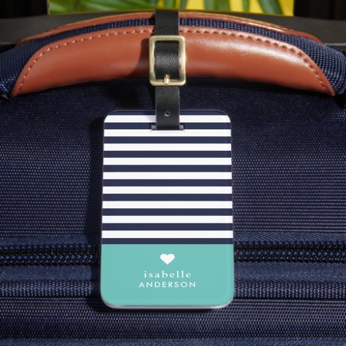 Navy Blue and Aqua Chic Stripes Heart Monogram Luggage Tag