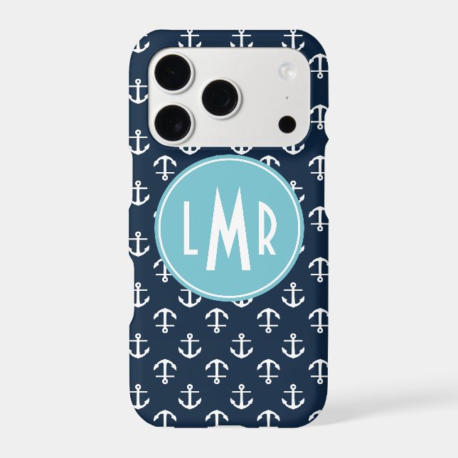 Navy Blue and Aqua Monogram Anchors Pattern Iphone Case (Back)