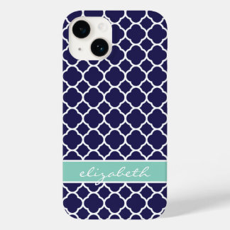 Navy Blue and Aqua Quatrefoil Custom Monogram Case-Mate iPhone 14 Case