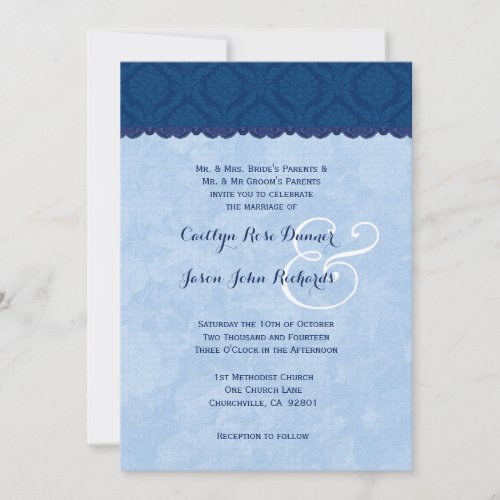 Navy Blue and Baby Blue Damask Wedding V007 Invitation