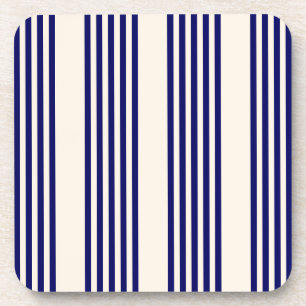 Navy blue and beige five stripes pattern beverage coaster