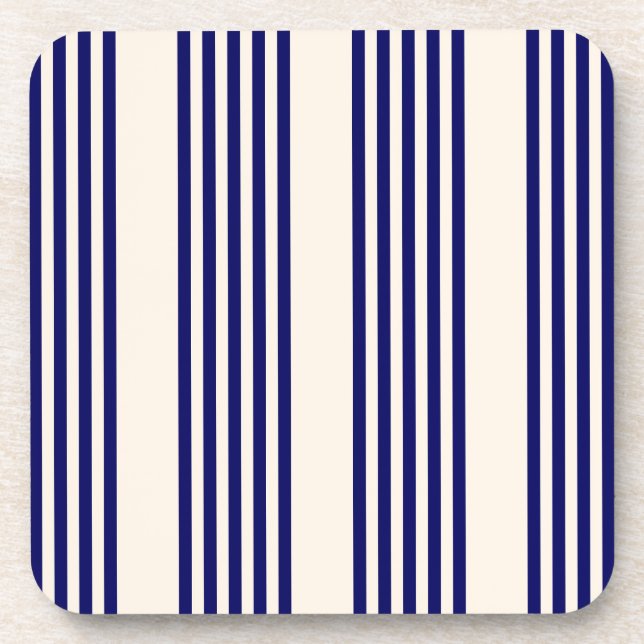 Navy blue and beige five stripes pattern beverage coaster (Front)