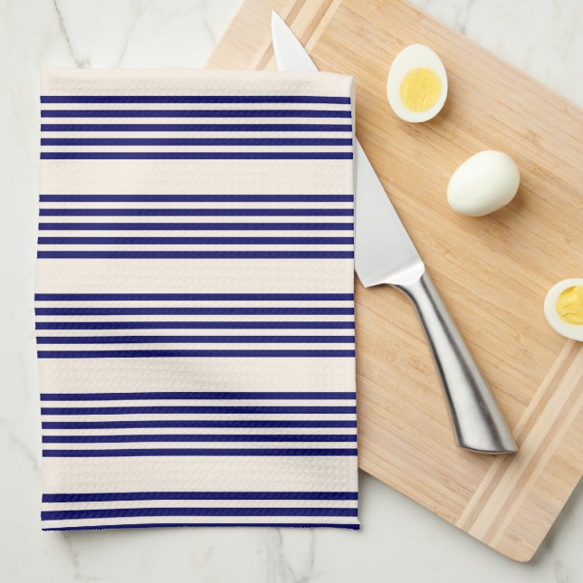 Navy blue and beige five stripes pattern kitchen towel (Quarter Fold)