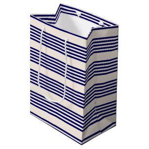 Navy blue and beige five stripes pattern medium gift bag