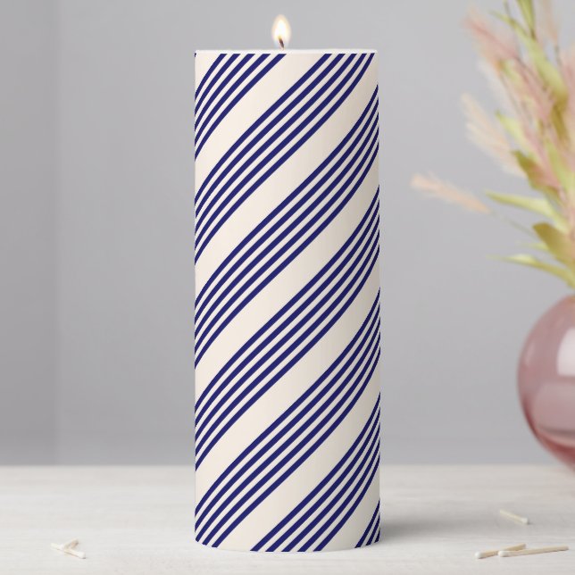 Navy blue and beige five stripes pattern pillar candle (In Situ)