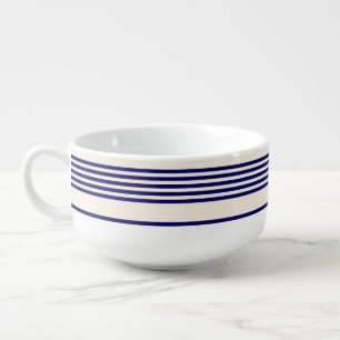 Navy blue and beige five stripes pattern soup mug