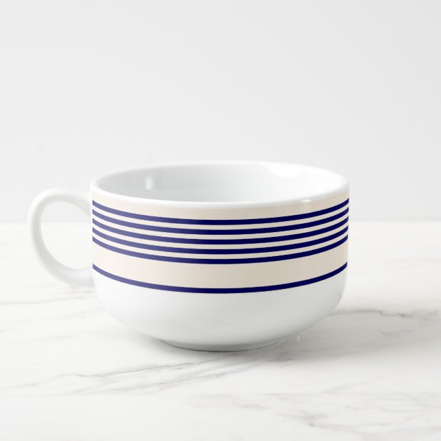 Navy blue and beige five stripes pattern soup mug (Right)