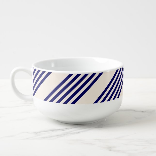 Navy blue and beige five stripes pattern soup mug (Right)