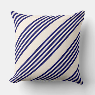 Navy blue and beige five stripes pattern throw pillow