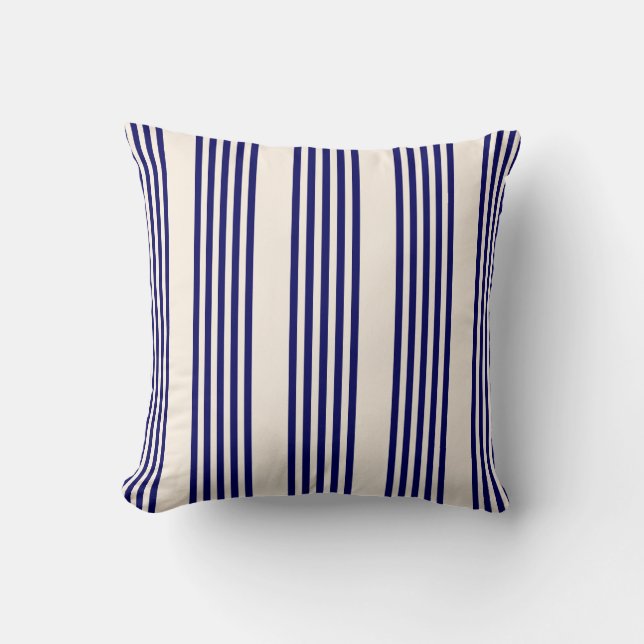 Navy blue and beige five stripes pattern throw pillow (Front)