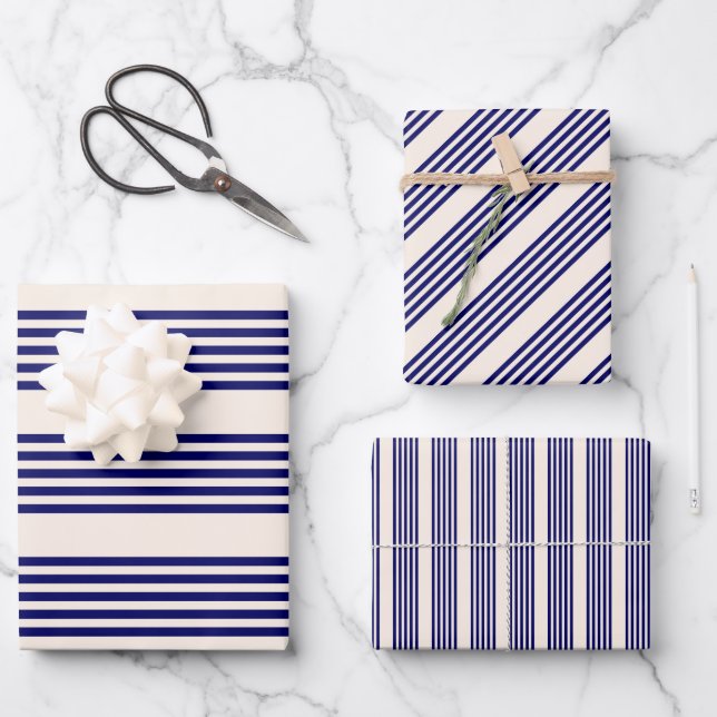 Navy blue and beige five stripes pattern wrapping paper sheets (Front)