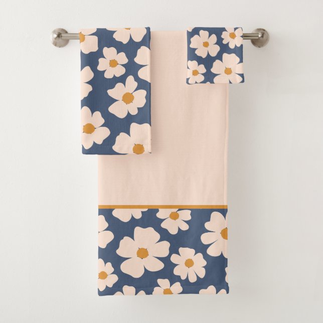 Navy blue and beige floral  bath towel set (Insitu)
