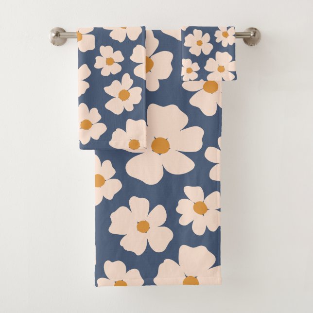 Navy blue and beige floral  bath towel set (Insitu)