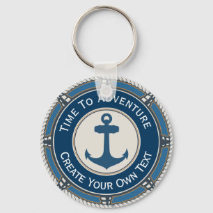 Navy Blue and Beige Round with Coastal Compass Keychain