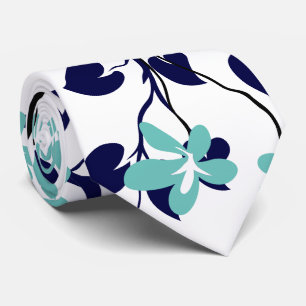 Navy blue and black branch, light teal flowers neck tie