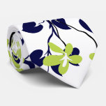 Navy blue and black branch, lime green flowers neck tie