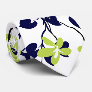 Navy blue and black branch, lime green flowers neck tie