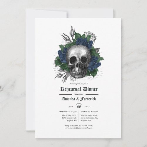 Navy Blue and Black Floral Gothic Rehearsal Dinner Invitation