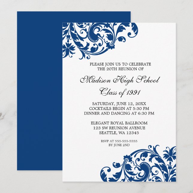 Navy Blue and Black Flourish Class Reunion Invitation (Front/Back)