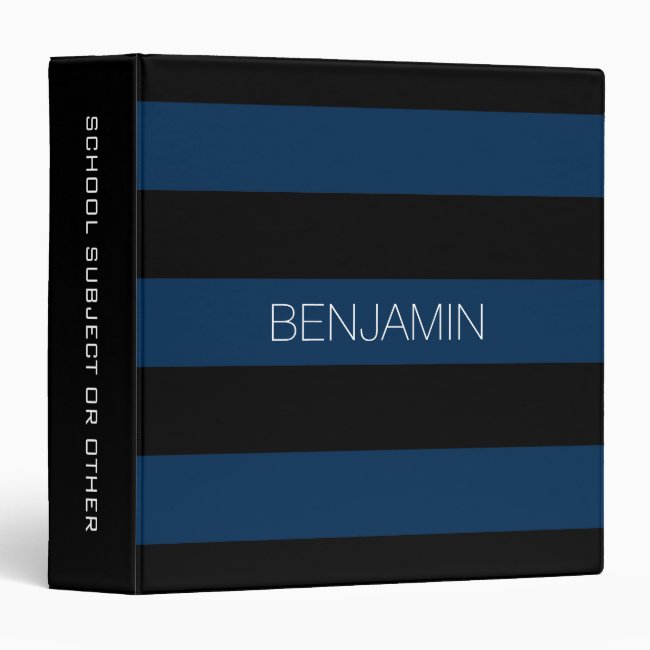 Navy Blue and Black Rugby Stripes with Custom Name 3 Ring Binder