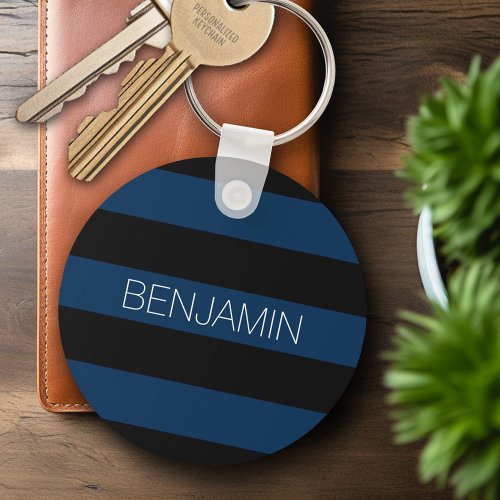Navy Blue and Black Rugby Stripes with Custom Name Keychain
