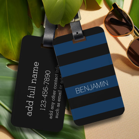 Navy Blue And Black Rugby Stripes With Custom Name Luggage Tag