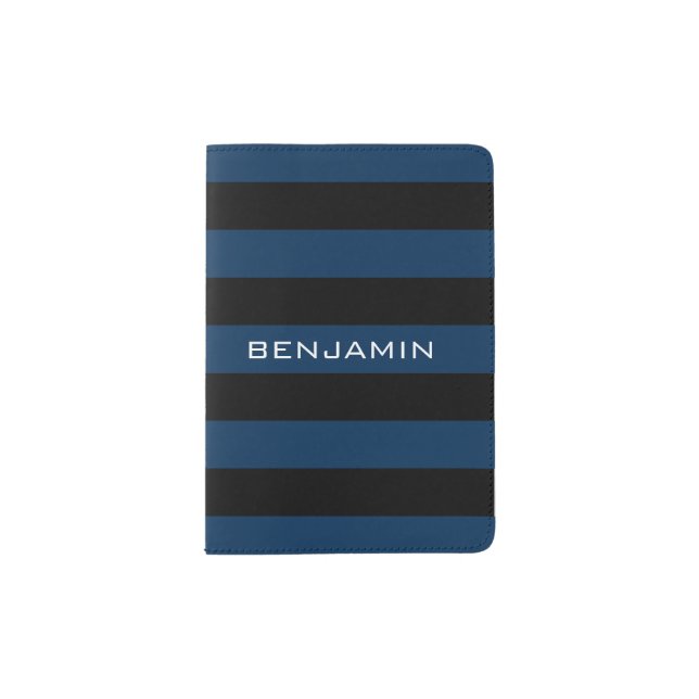 Navy Blue and Black Rugby Stripes with Custom Name Passport Holder (Front)