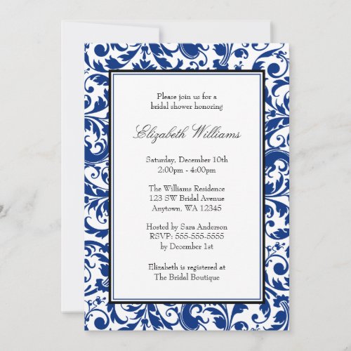 Navy Blue and Black Swirl Damask Bridal Shower Custom Invites