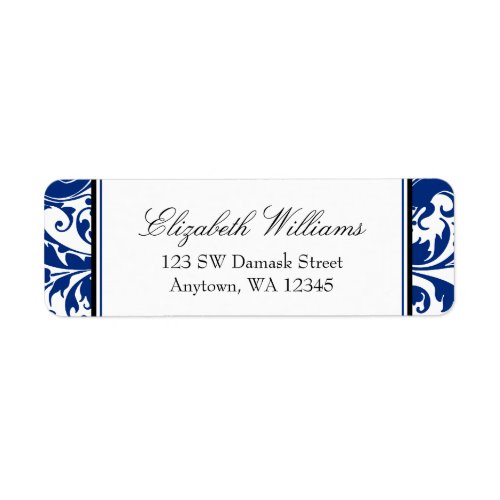 Navy Blue and Black Swirl Damask Return Address Label