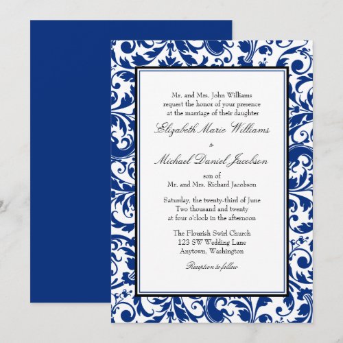 Navy Blue and Black Swirl Damask Wedding Personalized Invite