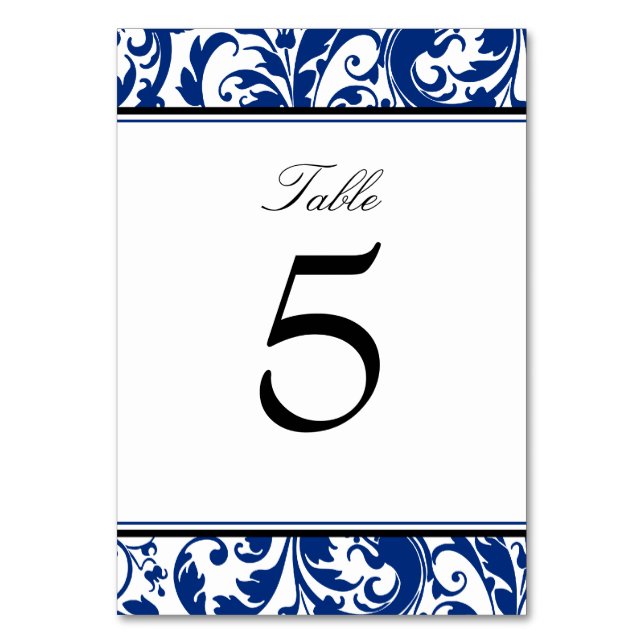 Navy Blue and Black Swirl Damask Wedding Table Number (Front)