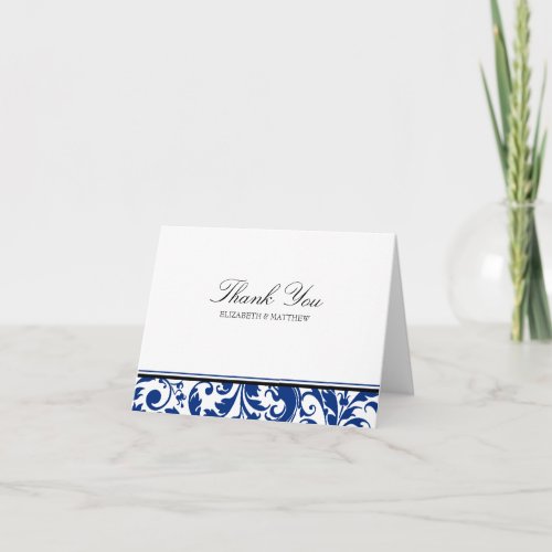 Navy Blue and Black Swirl Damask Wedding Thank You