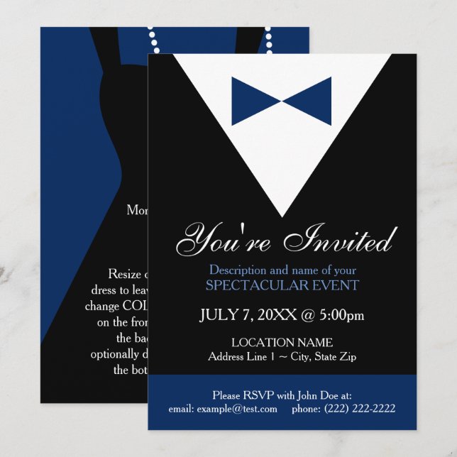 Navy Blue and Black Tux Invitation, Modern Invitation (Front/Back)