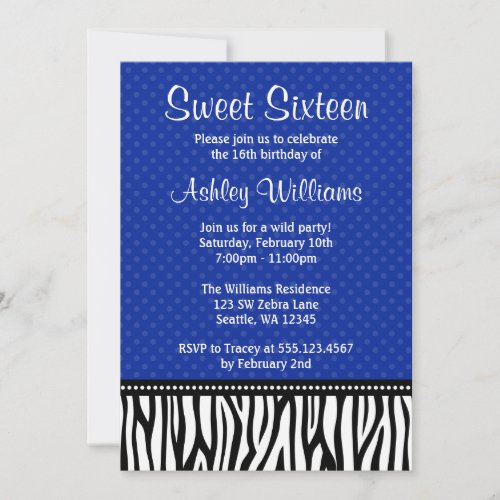 Navy Blue and Black Zebra Polka Dot Sweet 16 Personalized Announcement
