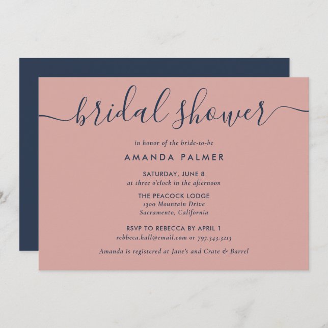 Navy Blue and Blush Bridal Shower Invitation (Front/Back)