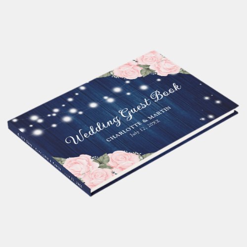 Navy Blue and Blush Elegant Floral Wedding Guest Book