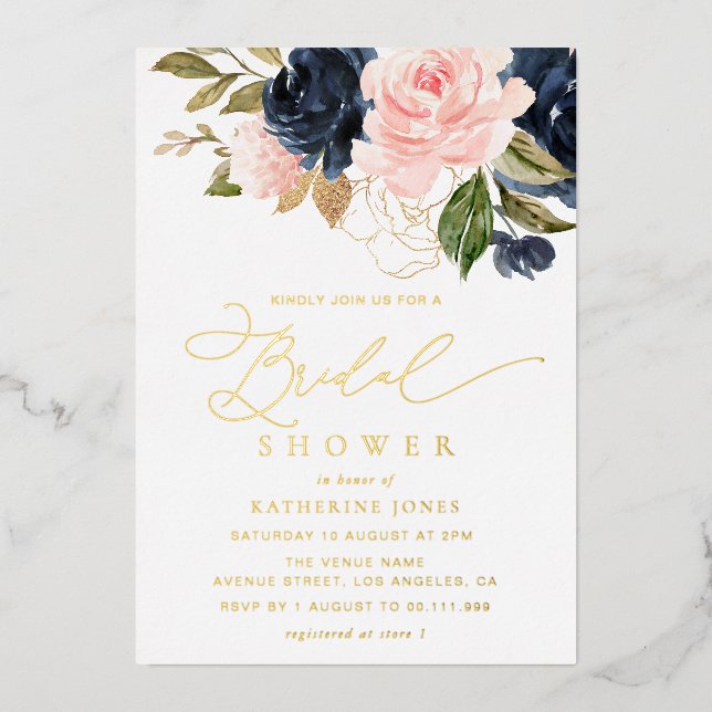 navy blue and blush floral bridal shower foil invitation (Front)