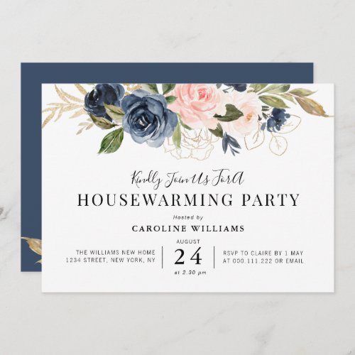 navy blue and blush floral housewarming party invitation