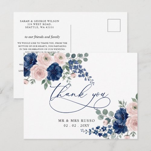 Navy Blue and Blush Floral Modern Thank You Postcard