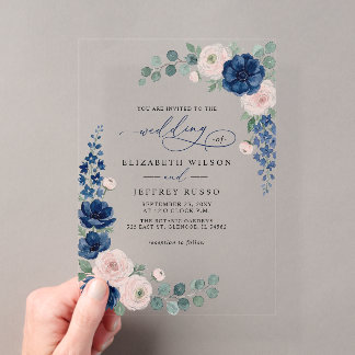 Navy Blue and Blush Floral Modern Wedding Acrylic Invitations