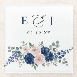 Navy Blue and Blush Floral Modern Wedding Glass Coaster
